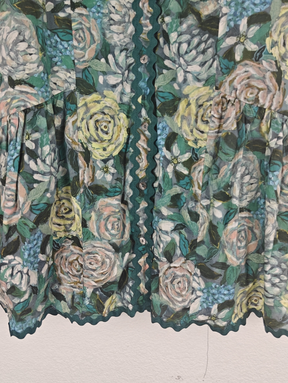 Cottagecore Green Floral Cotton Drop Waist Mini Dress Romantic Prairie Sz LG - Picture 9 of 16